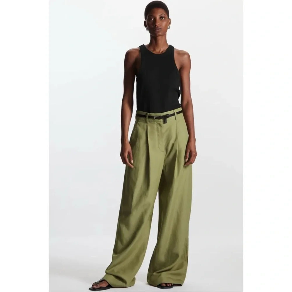 COS Khaki Green High Waisted Wide Leg Relaxed Fit Lyocell Linen Trousers Pants - Picture 2 of 11